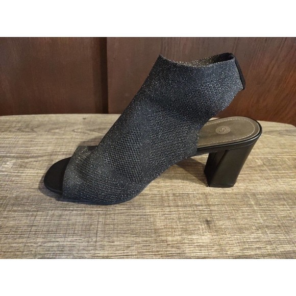 CP Black Open Toed Heels Size 9M Rita Peep toe textile sock block heel Holiday - Picture 9 of 9